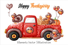Cute Pickup Truck Turkey Wooden Sign Pumpkin, Balloons Heart Face Turkey And Leaves Maple Thanksgiving Fall Autumn Elements Watercolor Vector File , Clipart Cartoon Style For Banner, Poster, Card