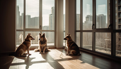 A group of domestic animals, specifically dogs, are seen in a high-rise building with windows. The architecture of the city and condominium serves as  backdrop for canine-themed image. Generative AI