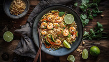 Thai Dish, Filled With Pad Thai The Thai Noodles, Shrimp, Fresh Vegetables, And Cut Zesty Lemon Slices. Served On A Black Plate On Wooden Background. Generative AI