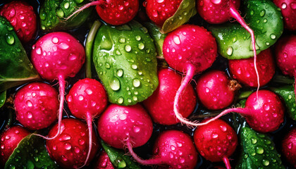 Wall Mural - Fresh and healthy red radish for wellbeing with wet water dew and droplet. Generative AI