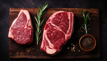 Wall Mural - Assortment of fresh, raw meat cuts including rib eye steak, steak, and meat chops. Perfect for cooking delicious dishes. Generative AI