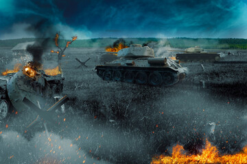 Tank battle in the burned-out field. The attack near the village