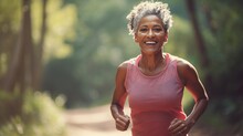 GenerativeAi. Africa Woman. She's Running Outside On Sunny Day. Solf Light And Bokeh Style. She's 55 Year Old, Beautiful Eyes And Healthy. She's Smiling In Sport Wear, Smart Watch And Sunglasses.
