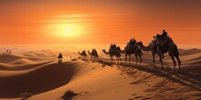 Bedouin With Camel Silhouette In The Sand Dunes Of The Thar Desert At Sunset. Caravan In Rajasthan Travel Background Safari Adventure Jaisalmer Rajasthan India