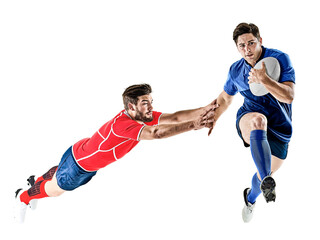 Wall Mural - two caucasian rugby player  men  studio isolated on white background