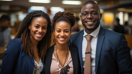 Portrait, happy and business people in office for solidarity, support or motivation with bokeh. Partnership, face and person team with diversity in solidarity for startup, management