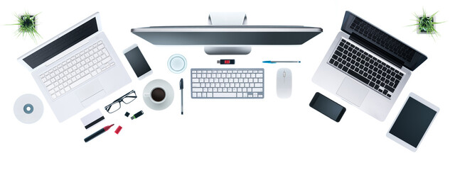 Hi-tech business desktop with computers set, digital tablet and smartphone, information technology and multiplatform concept, top view, white background