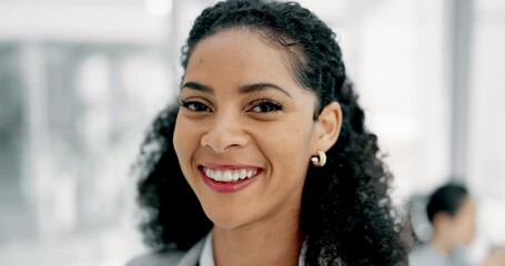 Canvas Print - Face, business woman and funny lawyer in corporate office, workplace or company. African attorney, portrait and worker, professional or female employee laughing for success, happy and smile for law.