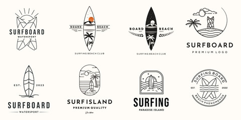 set of surfboard nature logo line art vintage vector illustration concept template icon design, coll