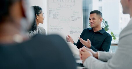 Aufkleber - Workshop, meeting and happy man with business people at whiteboard in feedback, brainstorming or onboarding. Planning, teamwork and leadership, manager with men and women with pitch ideas or proposal
