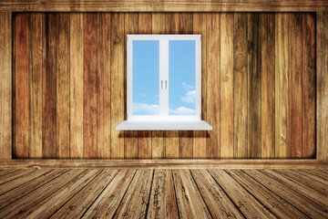 Poster - 2d illustration of an empty wooden room with a window