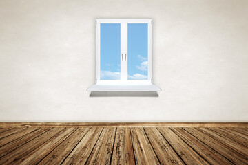 Poster - 2d illustration of an empty wooden room with a window