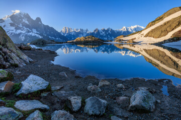 Wall Mural - Mont Blanc Massif Reflected in Lac Blanc, Graian Alps, France