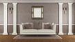 Brown classic living room with elegant sofa ,white pilaster and golden frame - 3d rendering