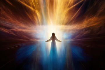silhouette of a spiritual person in a dress with open arms in the heaven sky with aurora lights. spi