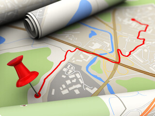 Poster - 3d illustration of map with pin in route destination