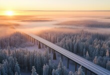 Aurora Borealis Over A Bridge In Winter, Finnish Lapland