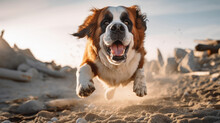 Close Up Photo Of A Saint Bernard Dog Jumping To The Beach.
