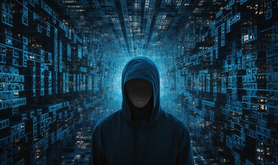 Wall Mural - hacker sillhuette in front of a data code background