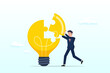 © Art of Ngu - Smart businessman solving light bulb idea puzzle by connecting last jigsaw piece, problem solver, get solution to overcome difficulty, idea, creativity or innovation to fix problem or trouble (Vector)