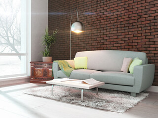 Poster - Bright interior with sofa in a modern style . 3D rendering