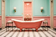 Generative AI. visual style  in pink blue colors bathroom in retro style. vintage aesthetics of the 60s