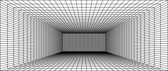 Poster - Wireframe grid room. 3d perspective background. Futuristic digital outline space. Black and white geometric dimension design. Vector template illustration