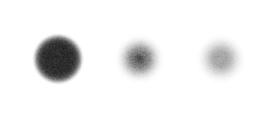 Aufkleber - Stippled texture circle set. Black dotted round element collection. Fading noise grain dot work shapes. Vanishing half tones and shades effect illustration bundle. Vector pack