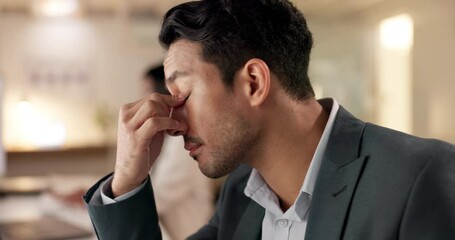 Aufkleber - Night stress, worry and business man on computer editing report, online mistake or problem in office. Headache, fatigue and tired editor, journalist or asian person reading news, blog or wrong email