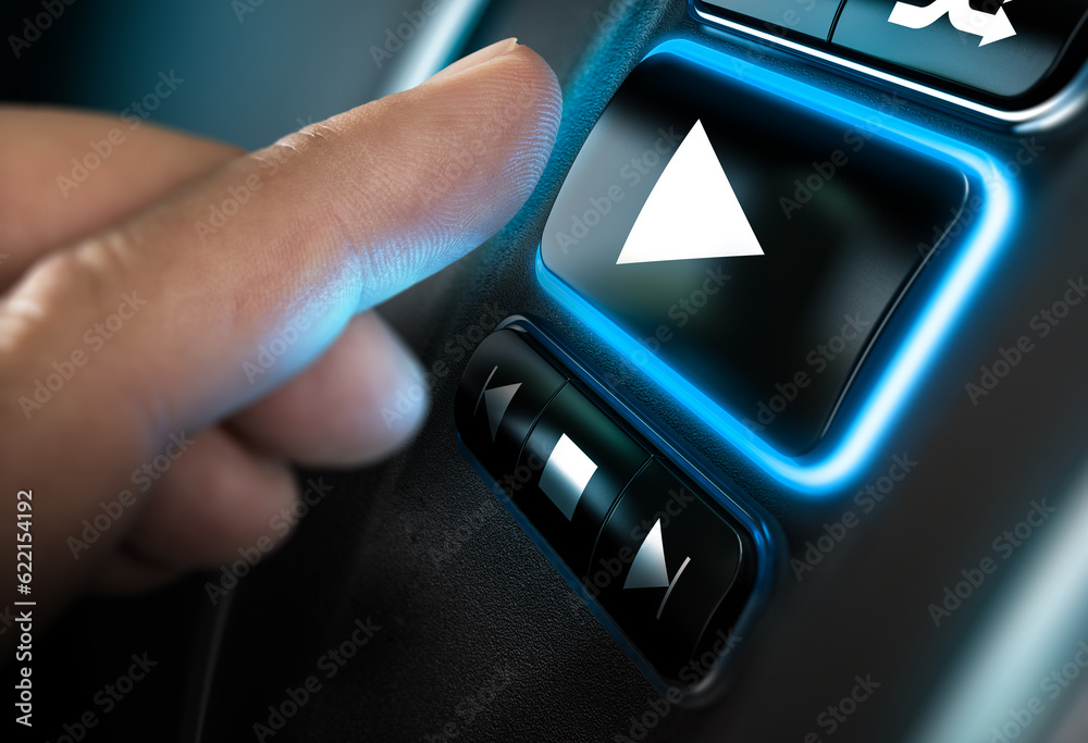 Finger about to press a play button on a home sound system interface. Black background and blue light. Composite between a photography and a 3D background. Horizontal image