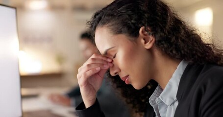 Aufkleber - Night stress, worry and business woman on computer editing report, online mistake or problem in office. Headache, decision and tired editor, journalist or african person for news, blog or wrong email