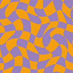 Wall Mural - Groovy Psychedelic Checkerboard Seamless Pattern. Purple and Orange Abstract Background in 1970s Retro Style