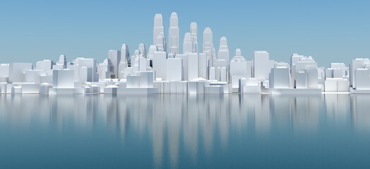Poster - White city with blue sky and sea. 3D rendering