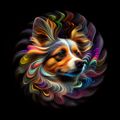 Wall Mural - Abstract colorful cute furry dog line art  illustration on black background, AI-generated image.	