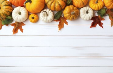 Wall Mural - light wooden background with pumpkins and autumn leaves