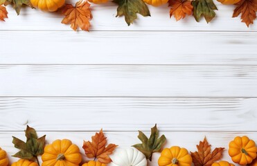 Wall Mural - light wooden background with pumpkins and autumn leaves