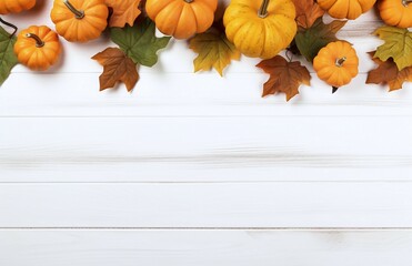Wall Mural - light wooden background with pumpkins and autumn leaves