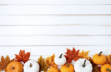Wall Mural - light wooden background with pumpkins and autumn leaves