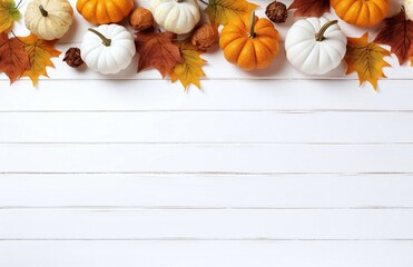 Wall Mural - light wooden background with pumpkins and autumn leaves