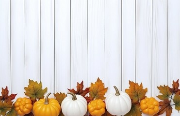 Wall Mural - light wooden background with pumpkins and autumn leaves