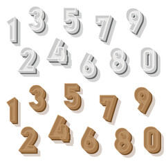 The 3D number of vector such as one, two, three, four, five, six, seven, eight, nine ,zero, made with 3d graphic design in vector with white and brown color in retro text style.