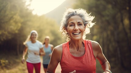 woman jogging in park. old woman and friends forest, running wellness, outdoor challenge or hiking i