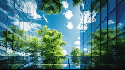 Exemplifying the ESG - Environmental, Social, Governance concept, a corporate glass building facade reflects green trees. Importance of integrating sustainability into business practice. Generative AI