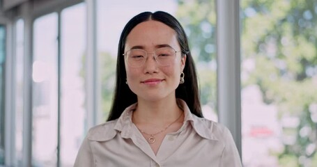 Poster - Smile, face and business with asian woman in office for creative, happy and startup. Designer, mindset and entrepreneur with portrait of employee in agency for expert, professional and manager