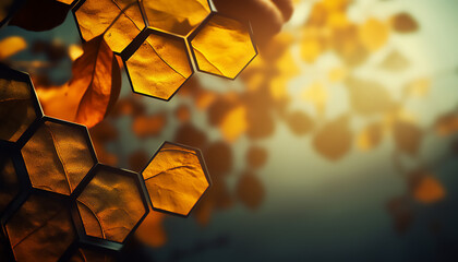 Wall Mural - leaves on the hexagon background, generative ai, digital illustration.