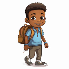 Canvas Print - simple cartoon clipart black african american boy student child going to school white background