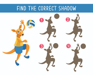 Find correct shadow. Puzzle game for children. Cute kangaroo playing volleyball. Vector cartoon illustration. Funny character.