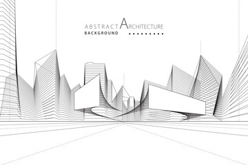 Poster - 3D illustration abstract modern urban building out-line black and white drawing of imagination architecture building construction perspective design. 