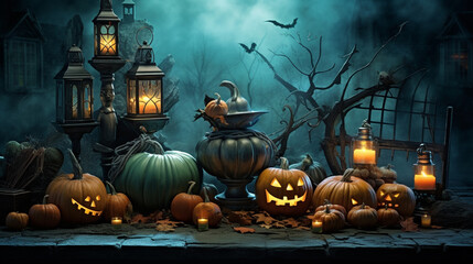 Poster - Halloween pumpkins and dark castle In the graveyard on blue Moon background in the spooky night - Halloween Backdrop. Generative AI
