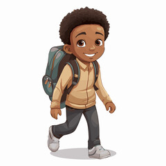 Wall Mural - simple cartoon clipart black african american boy student child going to school white background